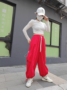 韩版红色针织工装裤男女嘻哈爵士口袋宽松hiphop街舞潮流运动长裤