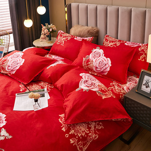 大红色纯棉加厚床单被套四件套，全棉磨毛双人床中式婚庆六件套床品