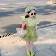 女童套装裙夏季绿色，夏装背带裙女宝清新网，纱公主裙蓬蓬半身裙