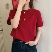 设计感小众红色短袖，t恤女爱心宽松上衣，2023夏季洋气纯棉体恤