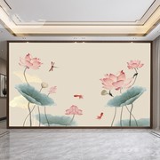 新中式墙纸客厅电视背景墙，壁纸淡雅卧室，沙发壁画工笔荷花蜻蜓墙布