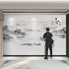 新中式水墨山水电视背景墙壁纸客厅3D顺风顺水壁画书房无缝墙纸8d