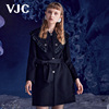 VJC/威杰思秋冬女装黑色绵羊毛小香大衣荷叶边系带外套