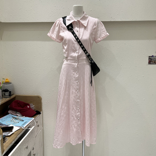 韩版夏季短袖甜美淑女，polo领韩国东大门单排扣漏腰设计连衣裙