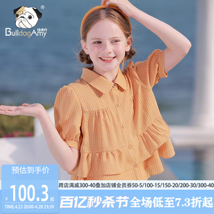 女童甜美格子衬衫2024夏季儿童洋气娃娃，领上衣中大童宽松短袖
