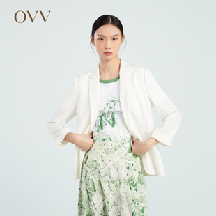 日本进口三醋酸OVV2023春夏女装七分袖卷边休闲西服外套