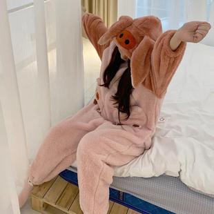 睡衣女秋冬季卡通可爱加厚长毛珊瑚绒动物小猪连体家居服套装如厕