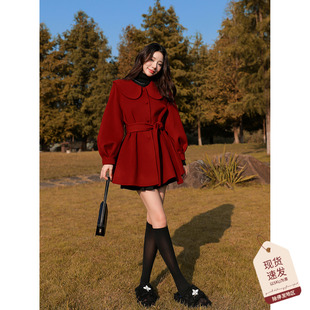娃娃领红色羊毛大衣女，冬装系带收腰减龄小个子双面呢子外套