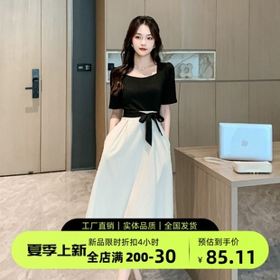 赫本风连衣裙女夏季2024韩版拼接高级假两件套修身小个子长裙