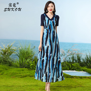 黑蓝条纹拼接连衣裙梨形，身材2024夏季撞色假两件百搭雪纺长裙