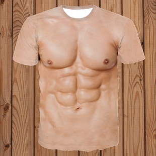创意搞笑肌肉男t恤3d纹身衣服，立体图案个性假68块腹胸肌短袖t恤潮