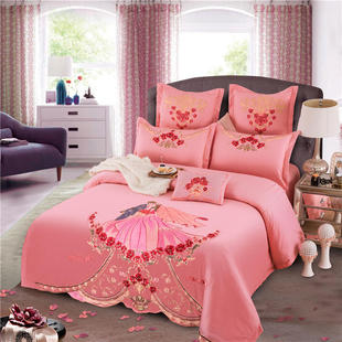 婚庆四件套粉色刺绣花结婚床上用品，大红纯全棉公主，床品新婚六八十