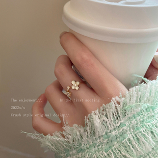 滴釉花朵珍珠锆石戒指女款轻奢气质，开口食指戒小众设计高级感指环