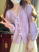 春季紫色v领针织开衫女秋季外搭薄款毛衣外套软糯温柔蝴蝶结上衣