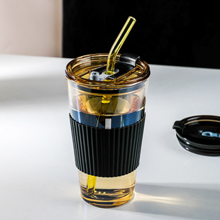 玻璃吸管杯女生耐热水杯，男咖啡杯便携式2023豆浆果汁奶茶杯子