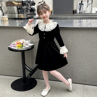 女娃娃领的裙子女童连衣裙9-13岁7春装蕾丝花边，喇叭袖公主裙黑色8