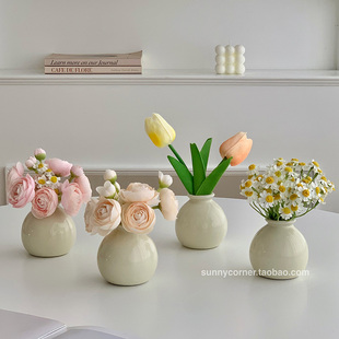 奶油风高级感陶瓷花瓶，仿真花装饰摆件ins欧式客厅插花迷你小花器