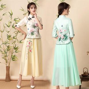 夏季两件套装茶艺服中国风旗袍上衣改良复古修身七分袖唐装连衣裙