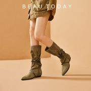 BeauToday骑士靴女BT复古长筒靴粗跟真皮秋季增高平底高筒靴