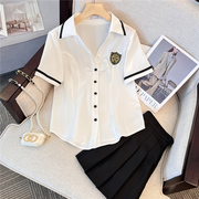 白色v领衬衫女夏英伦学院，风jk制服工作服短袖，气质减龄纯欲风上衣