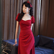 出阁宴订婚礼服平时可穿红色连衣裙，结婚敬酒服小个子新娘回门服