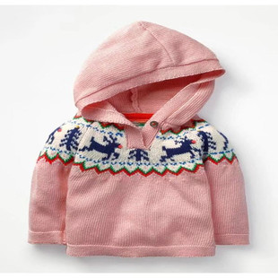 断码女童套头毛衣秋装宝宝纯棉，粉色连帽套头，小鹿针织毛衣上衣