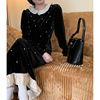 韩国chic秋季法式复古撞色花边领珍珠点缀收腰显瘦长袖丝绒连衣裙