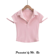 法式风情性感挂臂设计POLO领短T恤纯欲风粉色V领短袖辣妹上衣