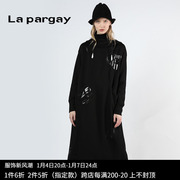 Lapargay纳帕佳2023秋冬女式黑白色长袖修身中长款针织连衣裙