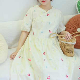 买一送一夏彩色，刺绣旗袍连衣裙，大码新中式复古棉质长裙