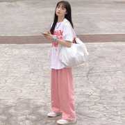 夏季粉色短袖运动套装女宽松韩版显瘦大码学生网红休闲两件套减龄