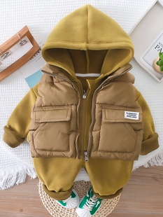 男童秋冬季洋气加绒加厚三件套宝宝冬装，套装婴儿童保暖卫衣潮童装
