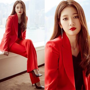 大红色西装套装女韩版时尚气质女神范职业(范职业，)正装ol西服显瘦两件套潮