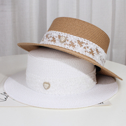 法式平顶沙滩帽夏季时尚草帽，女海边度假防晒平沿优雅草编遮阳礼帽