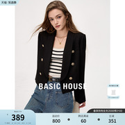 Basic House/百家好黑色西装外套女高级感2024春季V领西服