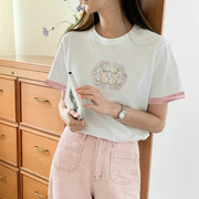 新中式短袖t恤女拼接提花袖口，2024夏季刺绣，甜美上衣纯棉体恤
