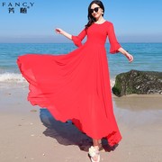 红色波西米亚长裙女2024夏季超仙到脚踝七分袖三亚沙滩连衣裙