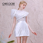 茬客白色套装女2021夏季不规则上衣褶皱缎面半裙设计感两件套