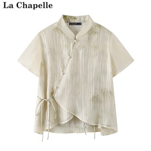 拉夏贝尔/La Chapelle新中式立领假两件斜襟盘扣衬衫T恤短袖上衣