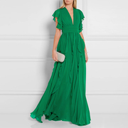 高端轻奢绿色连衣裙女小众气质长裙性感V领飘逸裙子荷叶边礼服裙