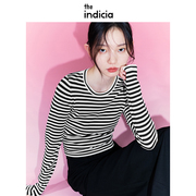 indicia标记春季品质女装，短款上衣黑白条纹针织衫，女圆领长袖
