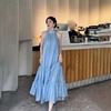 天蓝色裙装时尚法式复古夏季女2023无袖，露背女士显瘦连衣裙子