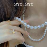 NYU·NYU复古奶白色珍珠项链纯银链扣高级时尚好搭韩国个性