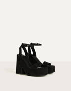 西班牙Bersh**女鞋 2021黑色粗跟厚底防水台一字带高跟凉鞋