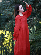 遇见/小素原创设计亚麻高腰长袖显瘦气质海边红色长连衣裙袍子S