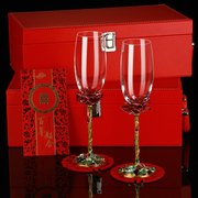 欧式高档香槟杯情侣对杯创意水晶玻璃高脚杯子红皮箱结婚礼物套装
