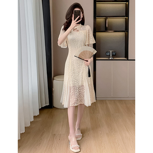 新中式国风蕾丝连衣裙子女夏装2024喇叭袖收腰改良旗袍中长裙