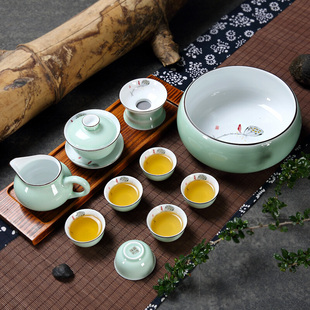 青瓷手绘功夫茶具套装中式整套茶具客厅家用陶，瓷釉下盖碗茶壶茶杯