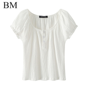 BM美式学院风褶皱感纯色bm法式三粒扣圆领泡泡袖小衫上衣