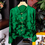 大牌撤回女装新中式国风盘扣提花，真丝上衣绿色衬衫桑蚕丝衬衣